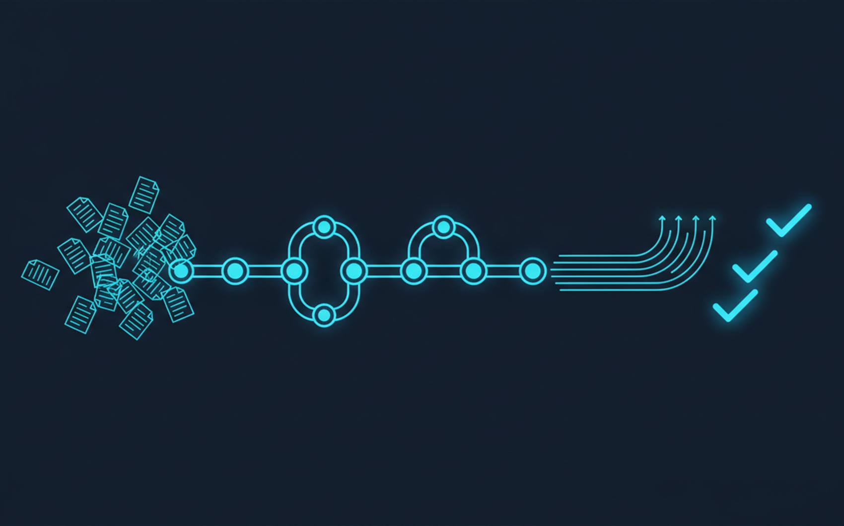 Business process automation diagram: scattered manual paperwork flowing through a connected workflow into completed, organised tasks