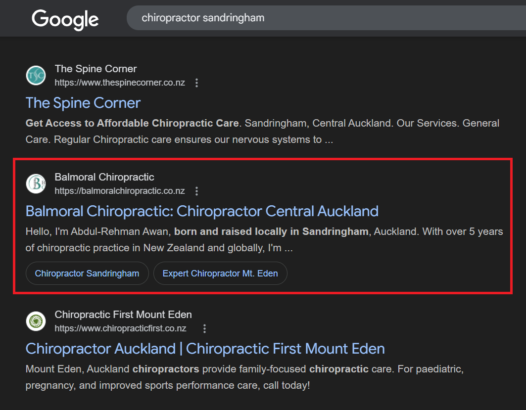 Top Google rankings for an Auckland chiropractor