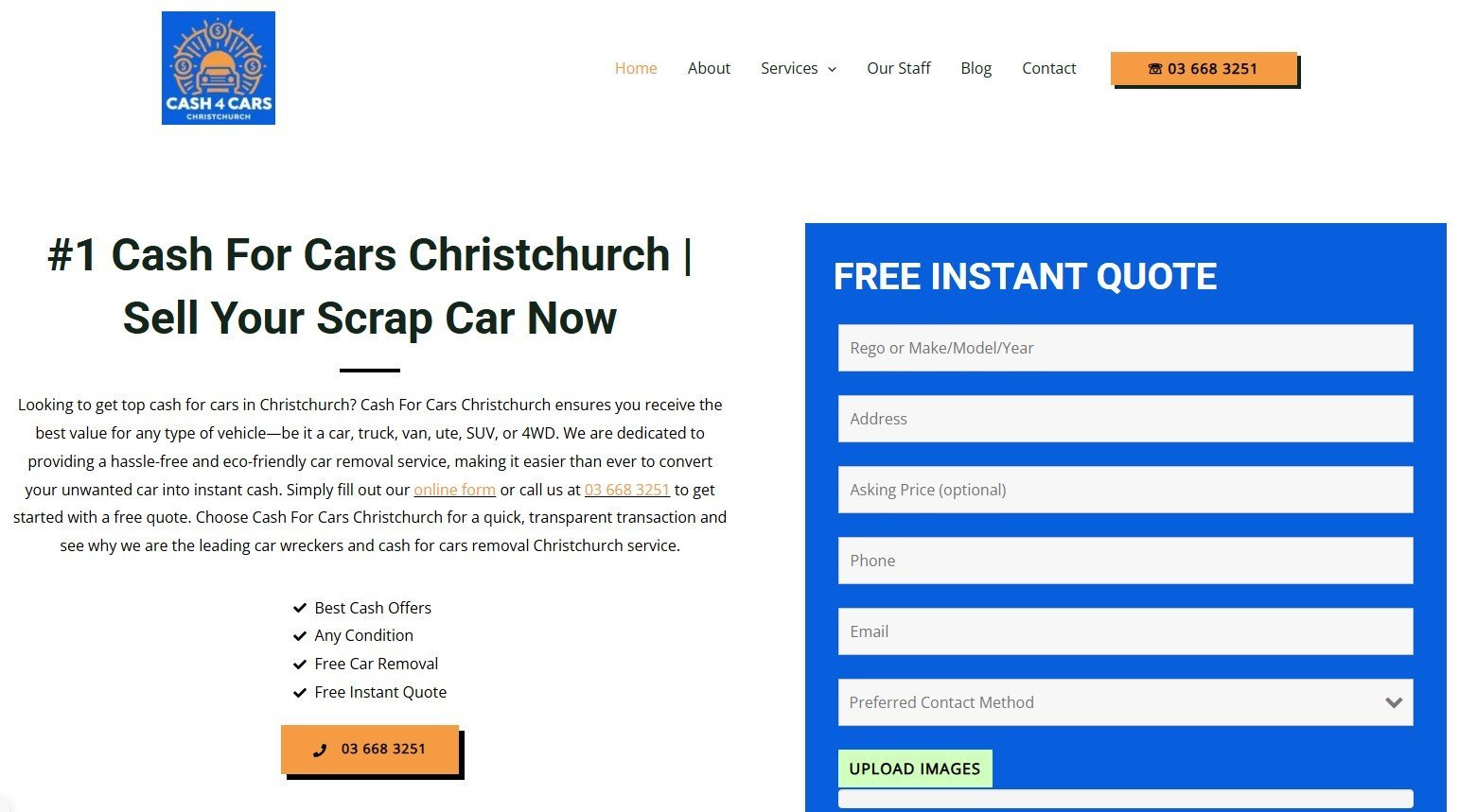 The conversion-focused Cash for Cars Christchurch website, with a fast quote form
