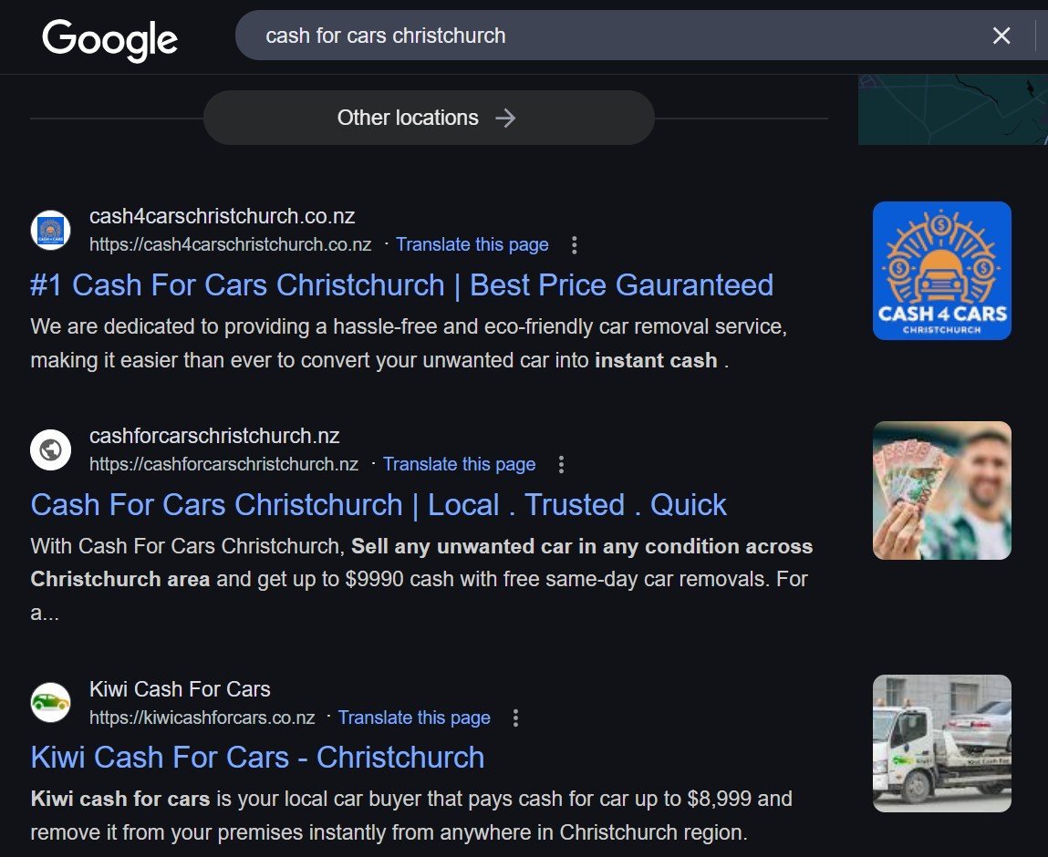 Cash for Cars Christchurch ranking number one in Google search results