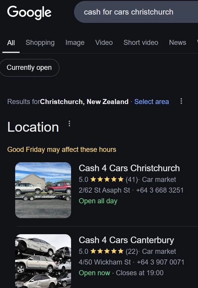Cash for Cars Christchurch ranking number one in the Google Maps local pack