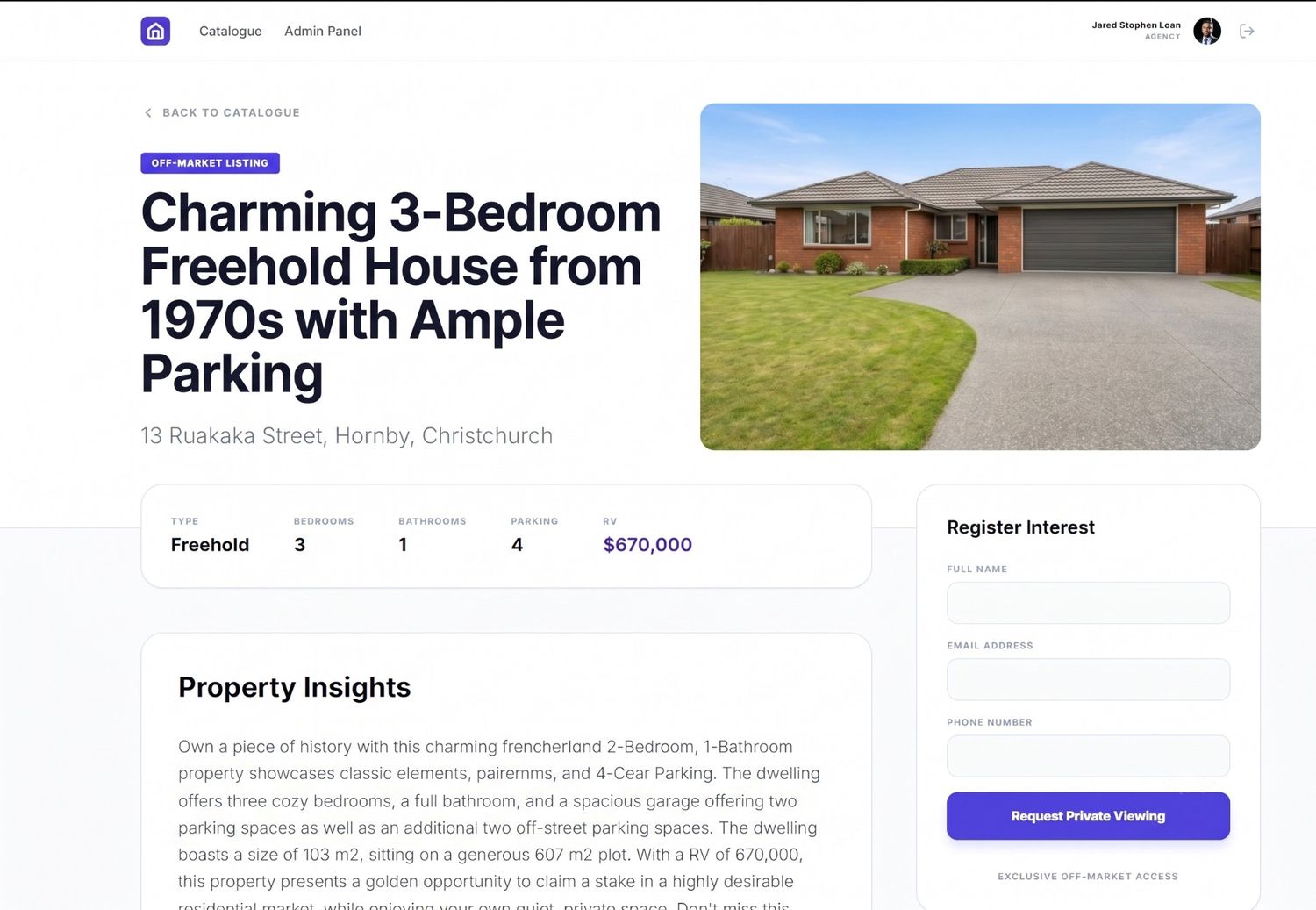 The Hayden Roulston off-market buyer portal, a branded sign-in-only property catalogue