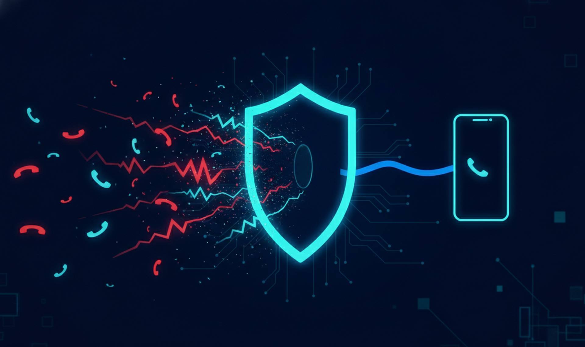 Spam calls blocked by a filtering shield while a genuine call connects