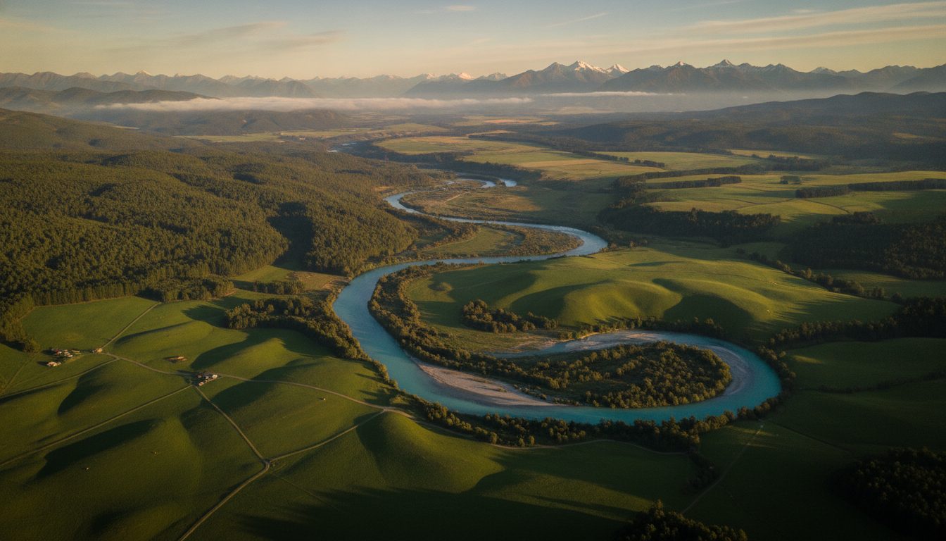 Aerial drone view of a New Zealand landscape at golden hour